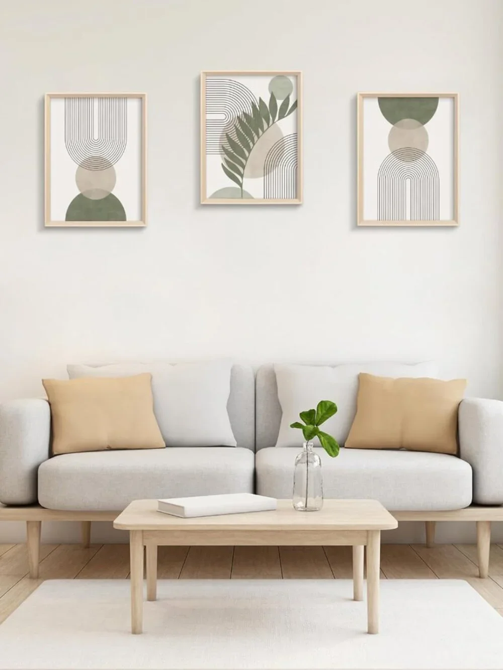 Boho Sage Green Framed Wall Art Set of 3, 12x16in Minimalist Canvas Prints for